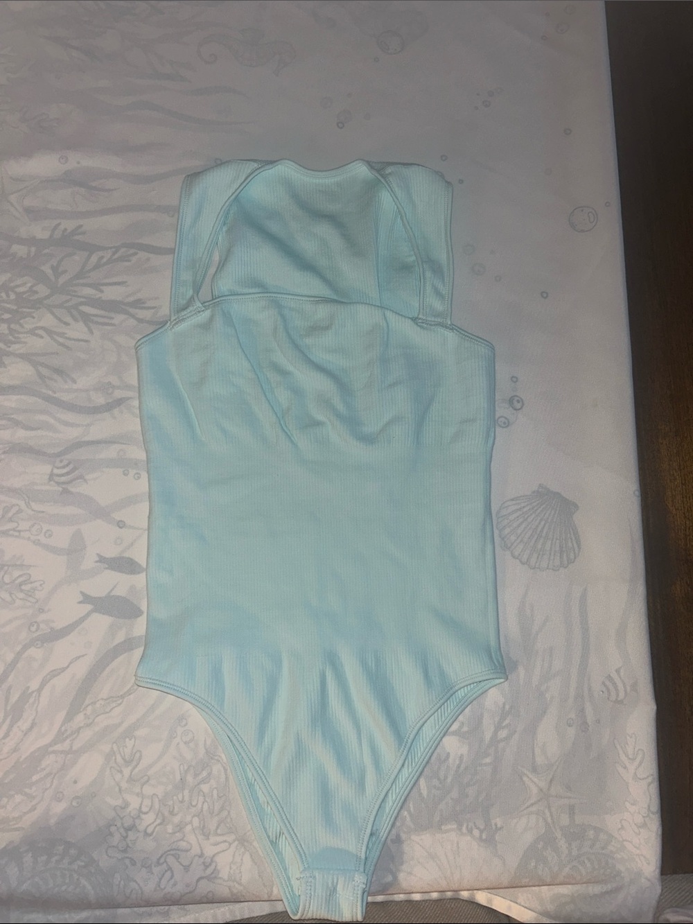 Light Blue Ribbed Women's Bodysuit - Sleeveless Scoop Neck